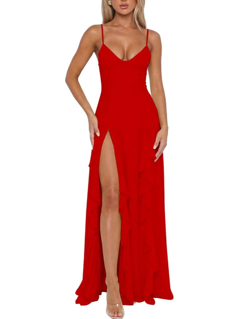 Women's Red V Neck Spaghetti Strap High Slit Formal Cocktail Maxi Dress